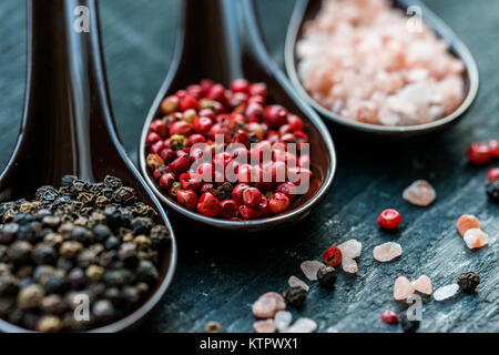 Studio shot von drei Löffel mit groben Salz Rosa, Schwarz und rosa Pfeffer auf dunklem Hintergrund Stockfoto