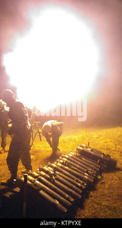 FORT DRUM, N.Y.-- Soldaten der 2. Staffel, 101 Kavallerie Feuer einer 120mm Mörser hier am 19. Mai. Die Einheit gehört zu der New York Army National Guard 27 Infantry Brigade Combat Team. Über 3.000 brigade Truppen hier ab 19. Mai ausgebildet 22 für Ihre Übung an der Armee Joint Readiness Training Center (JRTC) in Fort Polk, Louisiana im Juli zu proben. (U.S. Army National Guard Foto von Sgt. Killian Anstee, einer Truppe, 2 Staffel, 101 Kavallerie/freigegeben) Stockfoto