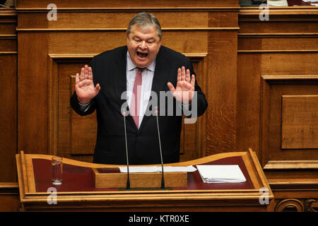 Evangelos Venizelos, griechischer Politiker, Mitglied der Sozialistischen Pasok und ehemaliger Finanzminister während Samaras Verwaltung. Stockfoto