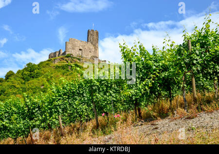 Mosel Deutschland: Blick auf Weinberge und die Ruinen der Burg Landshut in der Nähe von Bernkastel-Kues, Deutschland Europa Stockfoto