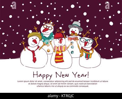 Nacht ins neue Jahr Gruppe Schneemänner Grußkarte. Stock Vektor