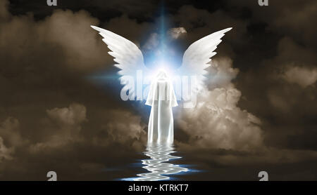 Abbildung in Weiß Mantel steht auf der Wasseroberfläche. Winged star in bewölkten Himmel. 3D-Rendering Stockfoto