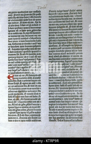 Seite aus der ersten gedruckten Bibel, 1455 edition Gutenbergs der lateinischen Vulgata. Mit freundlicher Genehmigung der Reed Collection bei Dunedin Public Library, Neuseeland Stockfoto