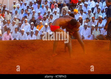 Traditionelle (kusti) wrestling Wettbewerb in einem Dorf in der Nähe von Messe Shirur, Maharashtra Stockfoto