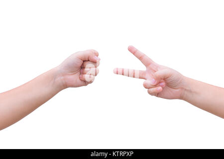 Zwei Hände spielen Rock Paper Scissors isoliert auf weißem Stockfoto