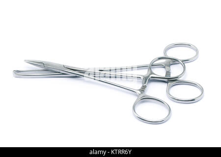 Medizinische allis Pinzetten für chirurgische Arzt Greifen oder halten auf weißem Hintergrund Stockfoto