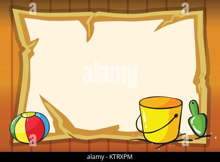 Abbildung von Eimer, Ball und Papier Blatt in gelbem Hintergrund Stock Vektor