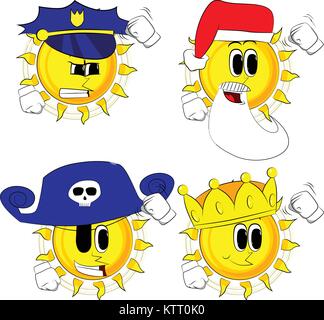 Cartoon sun jemand droht, schüttelt seine Faust auf Viewer. Sammlung mit Kostüm. Ausdrücke Vektor einrichten. Stock Vektor