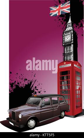 London Hintergrund mit Big Ben, Taxi und Phone Box. Vector Illustration Stock Vektor