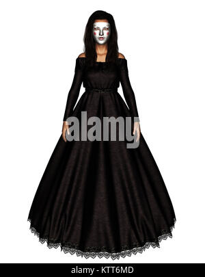 3D-Darstellung von Ghost Woman in Black Dress auf weißem Hintergrund Stockfoto