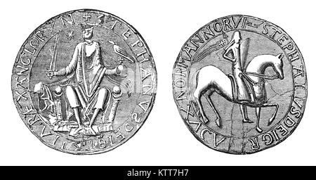 Das große Siegel der Stephanus war das Siegel verwendet die Zustimmung des Souveränen wichtige staatliche Dokumente zu symbolisieren. Häufig als Stephen von Blois genannt, wurde König von England von 1135 bis zu seinem Tod sowie Graf von Boulogne-sur-Mer ab 1125 bis 1147 und Herzog der Normandie von 1135 bis 1144. Die Regierungszeit von König Stephen 1092/6 - 1154) wurde von der Anarchie, ein Bürgerkrieg mit seinem Cousin und Rivalen, die Kaiserin Matilda gekennzeichnet. Stockfoto