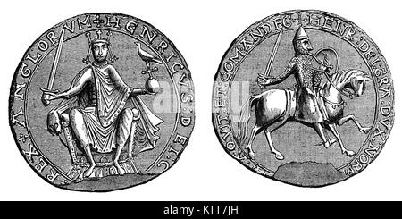 Das große Siegel wurde verwendet, um die Zustimmung des Souveränen wichtige staatliche Dokumente zu symbolisieren. Dies gehört zu Henry II 1133 - 1189), auch als Henry Plantagenet bekannt. Er war der Sohn von Gottfried von Anjou und Mathilde, Tochter Heinrichs I. von England und aktiv in die Bemühungen seiner Mutter den Thron von England zu behaupten, dann von Stephen von Blois besetzten beteiligt. Er war Herzog der Normandie, Anjou 1151 geerbt und kurz danach heiratete Eleonore von Aquitanien, deren Ehe mit Ludwig VII. von Frankreich vor Kurzem für nichtig erklärt worden war. Stockfoto