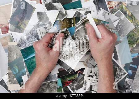 Der alte Mann reißt die alten Fotografien in kleine Stücke der Vergangenheit zu vergessen, gelebtes Leben. Speicher konzept Studio shot Stockfoto