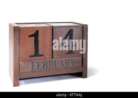 Holz- Perpetual Kalender Februar 14. Gesetzt, Valentines Tag Stockfoto