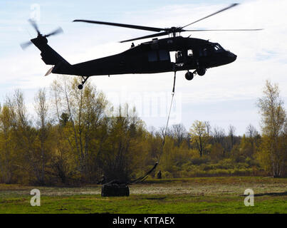 Eine Besatzung von der New York Army National Guard 3. Bataillon Luftbrücken 142. Aviation 105 mm Haubitze Munition an der 10th Mountain Division Alpha Batterie, 2. Bataillon, 15. Feld-Artillerie-Regiment während einer Übung hier am 4. Mai 2017. Zusätzlich zum Feld bereitstellen und Einrichten ihrer Logistikbereich und Sitz, 3. Bataillon Truppen geplant, vorbereitet, einstudiert und die Luftbrücke Mission--darunter ein Dutzend 105 mm Haubitzen und 10. Gebirgsdivision Truppen--innerhalb von 72 Stunden nach Erhalt es ausgeführt. (US Army National Guard Foto von Master Sgt. Raymond Drumsta, 4 Stockfoto