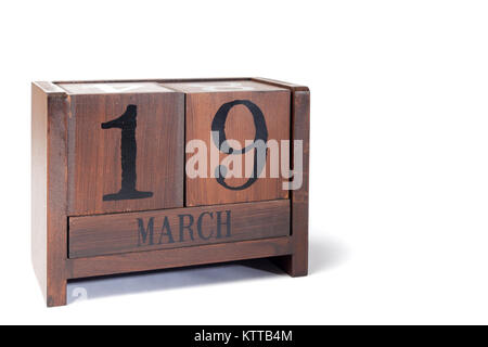 Holz- Perpetual Kalender März 19. Stockfoto