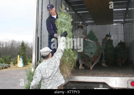 CHARLETON, New York - New York Army National Guard Sgt. Jason Wells unterstützt FedEx Fahrer Don Pelletier last Weihnachtsbäume hier bei Ellms Baumbauernhöfe Nov. 28. Brunnen und weitere sechs Soldaten freiwillig in den jährlichen "Bäume für Truppen" Laden der über 115 Bäume für militärische Einrichtungen und Familien um das Land und die Welt gebunden zu unterstützen. Us-Armee Foto von Oberstleutnant Richard Goldenberg, NY Army National Guard (freigegeben) Stockfoto