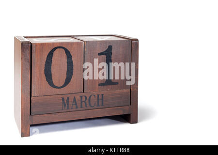 Holz- Perpetual Kalender März 1. Stockfoto