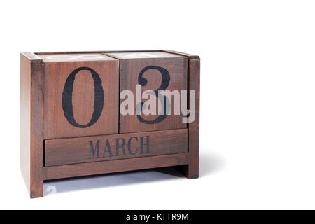 Holz- Perpetual Kalender März 3. Stockfoto