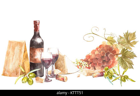 Flaschen und Gläser Wein und Blätter von Trauben, isoliert auf Weiss. Parmesan Käse und Oliven. Hand aquarell Abbildung gezeichnet. Banner von Wein v Stockfoto