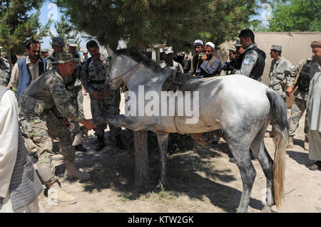 Sgt. 1. Klasse Pete Padgett, schwere Waffen Firma Mentor für die 5. Zone afghanische Grenzpolizei Sicherheit Kraft Hilfe team zu der 37th Infantry Brigade Combat Team zugewiesen, Schecks über ein Pferd während der letzten Mission auf den 5 Kandak in Khawajah Bahawuddin, Provinz Badakhshan, Afghanistan, 27. Juni 2012. Padgett, die Pferde zurück besitzt in seinem Haus in Eatonville, Washington, geholfen, die 5 Kandak Soldaten, um zu entscheiden, welche Pferde von lokalen Bauern für berittene Patrouille des Kandak der tadschikischen Grenze setzen zu kaufen. (37 IBCT Foto von Sgt. Kimberly Lamm) (freigegeben) Stockfoto