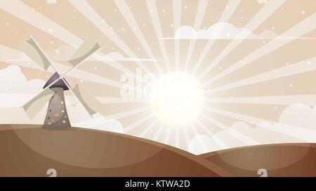 Cartoon heiße Landschaft. Mühle, Cloud, Sonne. Stock Vektor