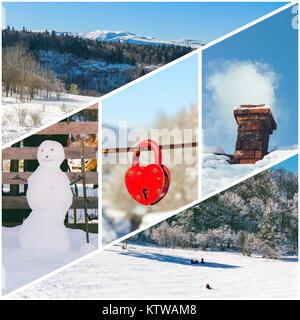 Winter Foto Collage eines Schneemannes, Rauchen Schornstein, den roten Vorhängeschloss in der Form eines Herzens, Reiten auf einem Schlitten, der Kinder und der Winter Forest (Fotos Stockfoto