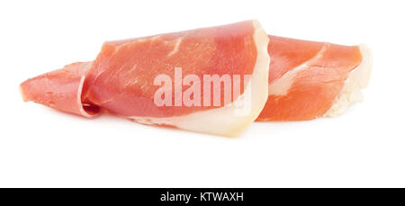 Rolle von prosciutto auf weißem Hintergrund Stockfoto