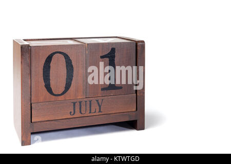 Holz- Ewiger Kalender bis Juli 1. Stockfoto