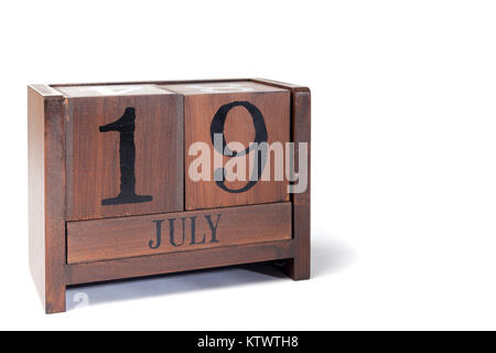 Holz- Ewiger Kalender bis Juli 19 gesetzt Stockfoto