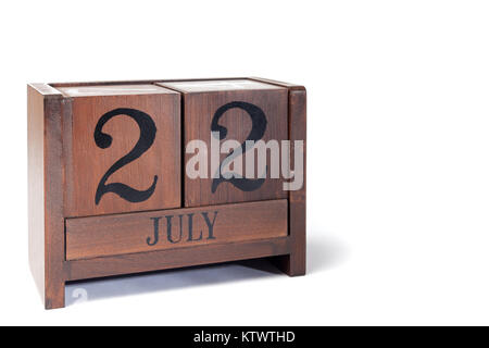 Holz- Perpetual Calendar 22. bis Juli gesetzt Stockfoto