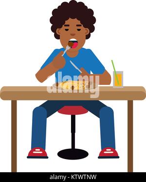 Afrikanischen Jungen essen Spaghetti mit Fleischbällchen Stock Vektor