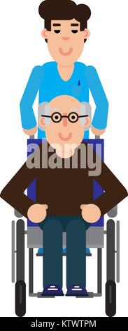 Mann interessieren für einen älteren Mann im Rollstuhl Stock Vektor