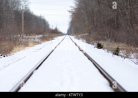 Gleise im Schnee mit getreidesilo in weitem Abstand abgedeckt. Stockfoto