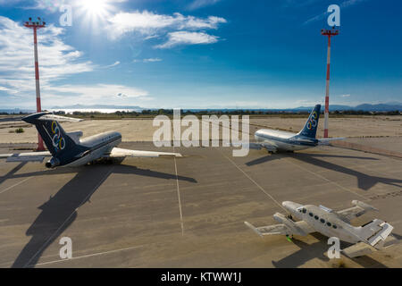 Eliniko Athen alter Flughafen. Ansicht der alten Olympic Airways Flugzeuge Stockfoto