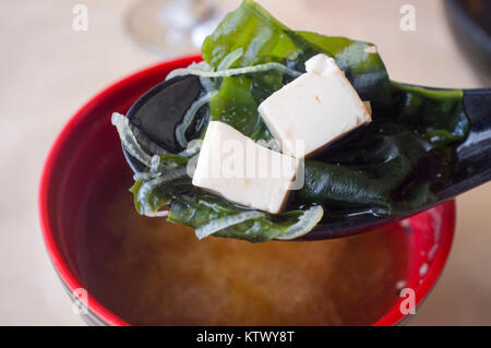 Japanische Miso Suppe mit Tofu und Algen. Ton Löffel closeup mit zwei tofu Stücke Stockfoto