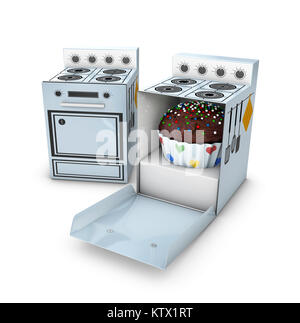 Zwei öffnen und schließen Karton Herde mit Kuchen innen, isoliert auf weißem Hintergrund. 3D-Darstellung. Stockfoto