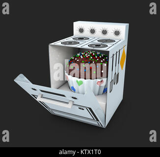 3D-Darstellung der Pappe Herd mit Kuchen innen, isoliert auf schwarzem Hintergrund Stockfoto