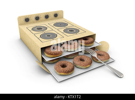 Karton Herd und Gabel mit Kuchen innen, isoliert auf weißem Hintergrund. 3D-Darstellung. Stockfoto