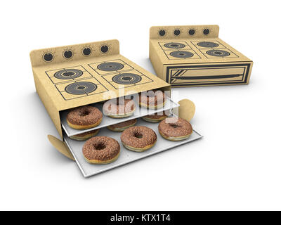 Zwei öffnen und schließen Karton Herde mit Kuchen innen, isoliert auf weißem Hintergrund. 3D-Darstellung. Stockfoto