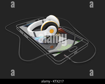 Telefon umriss Schablone mit Kopfhörer. Sauber mockup lineare Handy. 3D-Darstellung. Stockfoto