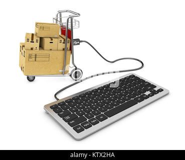 3d-Abbildung der Tastatur und Einkaufswagen über USB angeschlossen, isolierte Weiß. Stockfoto