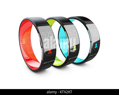 3D-Darstellung der roten, grünen und blauen Smart watch auf weißem Hintergrund Stockfoto