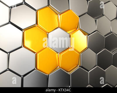 3D-Illustration abstrakt Gelb hexagonal, Hintergrund mit Sechskant element Stockfoto