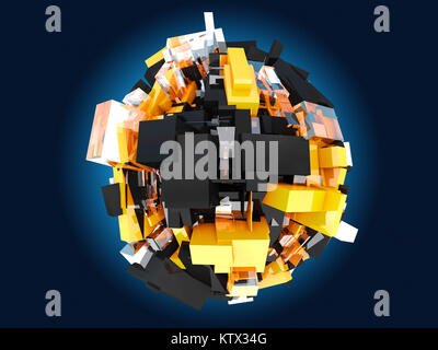 Bunte Kugel. Gelb und Schwarz orange Würfel auf blauem Hintergrund. 3D-Darstellung. Stockfoto