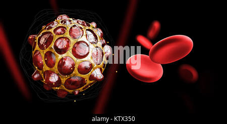 3d-Abbildung des Virus oder Bakterium mit Blut Zelle. schwarzer Hintergrund Stockfoto