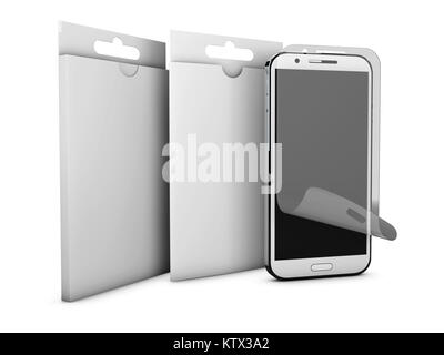 Bildschirm schützen Glas und Verpackung. Mobile Zubehör. 3D-Darstellung Stockfoto