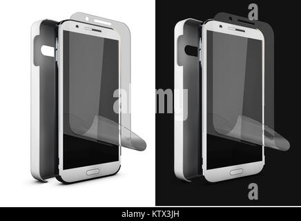 3D-Darstellung der Handy Schutz Folie auf dem Bildschirm und die Abdeckung. Smartphone Display mit protector Glas. Auf schwarz und wite isoliert. Stockfoto