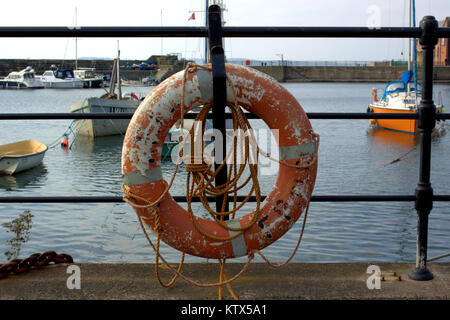 Newhaven, Western Harbour, Leith, Edinburgh, Vereinigtes Königreich alltägliche Szene Boote im Hafen Rettungsring Überstand in Vordergrund Stockfoto