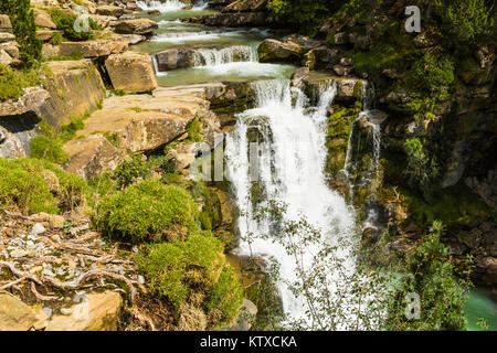 Schritte von Kalkstein Schichten bilden ein Wasserfall auf dem Rio Arazas, obere Ordesa-tal, Ordesa Nationalpark, Pyrenäen, Aragon, Spanien, Europa Stockfoto